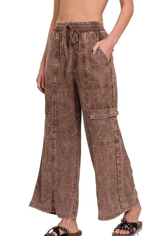Washed linen cargo pants available in 3 colors